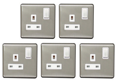 Arlec 5 Pack Brushed Stainless Steel Screwless 13A 1 Gang Double Pole Plug Socket from B&Q