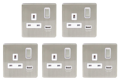 Arlec 5 Pack Brushed Stainless Steel Screwless 13A Plug Sockets With 2.1A Usb Charger from B&Q