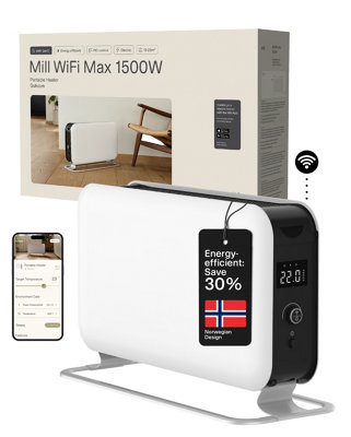 Mill Heat Mill 1500W Portable Wifi Electric HeaterQuietEnergy EfficientApp ControlIpx45 Year WarrantyWhite from B&Q