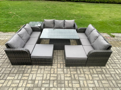 Fimous Garden Dining Sets Outdoor Rattan Furniture Lounge Sofa Height Adjustable Rising Lifting Table