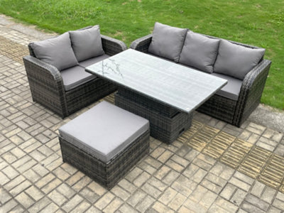 Fimous Outdoor Rattan Garden Furniture Set Height Adjustable Rising Lifting Dining Table Lounge Sofa Set Dark Grey Mixed from B&Q