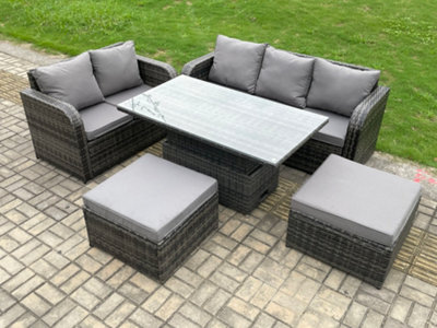 B&Q -  Outdoor Rattan Garden Furniture Sets Height Adjustable Rising Lifting Dining Table Lounge Sofa Set