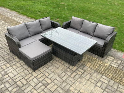 Fimous Outdoor Rattan Garden Furniture Sets Height Adjustable Rising Lifting Dining Table Sofa Set With Big Footstool