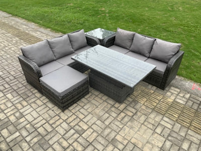 Fimous Outdoor Rattan Garden Furniture Sets Height Adjustable Rising Lifting Dining Table Sofa Set For Balcony