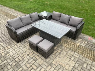 Fimous Outdoor Rattan Garden Furniture Sets Height Adjustable Rising Lifting Dining Table Sofa Set For Terrace