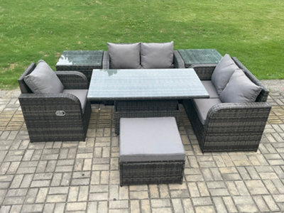 B&Q -  6 Seater Rattan Furniture Garden Dining Set Outdoor Height Adjustable Rising Lifting Table Love Sofa Chair With Side Table