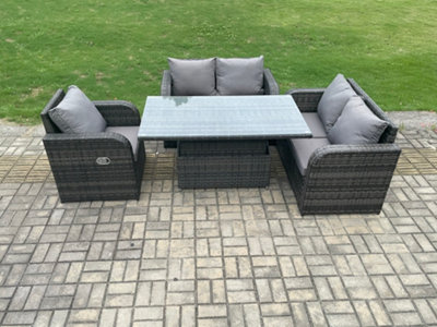 B&Q -  Wicker Pe Rattan Furniture Garden Dining Set Outdoor Height Adjustable Rising Lifting Table With Reclining Chair