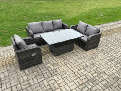 Fimous Outdoor Rattan Furniture Garden Dining Set Patio Height Adjustable Rising Lifting Table With 3 Seater Sofa Reclining Chair