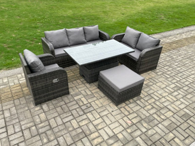 Fimous 7 Seater Outdoor Rattan Furniture Garden Dining Set Height Adjustable Rising Lifting Table With 3 Seater Sofa from B&Q
