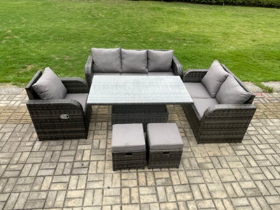 B&Q -  Outdoor Rattan Furniture Garden Dining Set Height Adjustable Rising Lifting Table Reclining Chair Sofa With Footstools