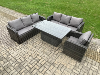Fimous 7 Seater Outdoor Rattan Garden Furniture Sets Height Adjustable Rising Lifting Dining Table Sofa Set With Reclining Chair