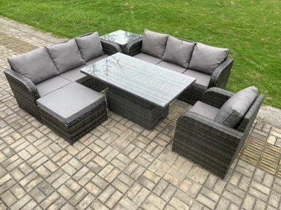 B&Q -  Outdoor Rattan Garden Furniture Sets Height Adjustable Rising Lifting Dining Table Sofa Set With Reclining Chair