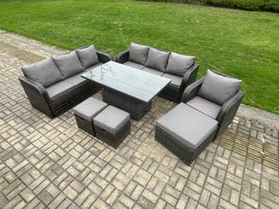 Fimous Outdoor Rattan Garden Furniture Sets Height Adjustable Rising Lifting Dining Table Set With Reclining Chair