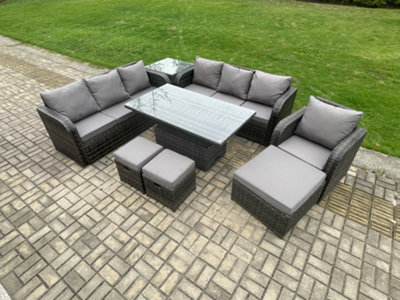 Fimous Pe Rattan Outdoor Garden Furniture Sets Height Adjustable Rising Lifting Dining Table Sofa Set With Side Table from B&Q