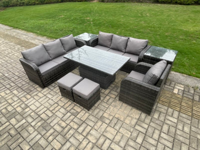 Fimous Pe Rattan Outdoor Garden Furniture Sets Height Adjustable Rising Lifting Dining Table Sofa Set With Reclining Chair from B&Q