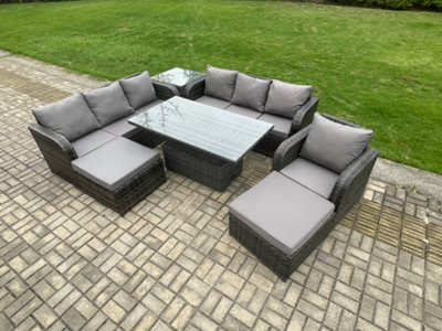 B&Q -  Pe Rattan Outdoor Garden Furniture Sets Height Adjustable Rising Lifting Dining Table Sofa Set With Side Tables Chair