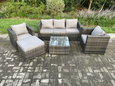 Fimous Rattan Garden Furniture Set Patio Outdoor Lounge Sofa Set With 2 Armchairs Square Coffee Table Big Footstool
