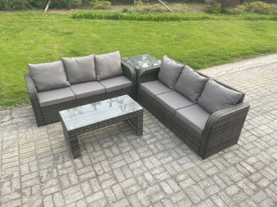 B&Q -  6 Seater Outdoor Rattan Garden Furniture Set With Patio Lounge Sofa Set With Rectangular Coffee Table Side Table