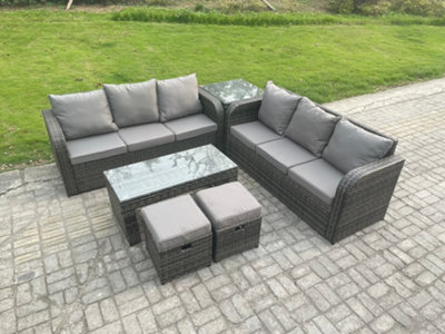 Fimous Outdoor Lounge Sofa Set Rattan Garden Furniture Set With Rectangular Coffee Table 2 Small Footstool Mixed Dark/Grey