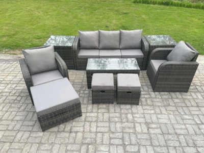 Fimous Rattan Garden Furniture Set With Rectangular Coffee Table 2 Side Tables 8 Seater Patio Outdoor Lounge Sofa Set