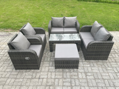 Fimous Rattan Garden Furniture Set With Rectangular Coffee Table Big Footstool 7 Seater Patio Outdoor Lounge Sofa Set