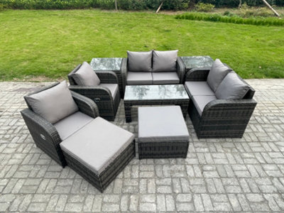 Fimous 9 Pcs Garden Furniture Set Rattan Outdoor Lounge Sofa Table Chair With Tempered Glass Table Mixed Dark/Grey