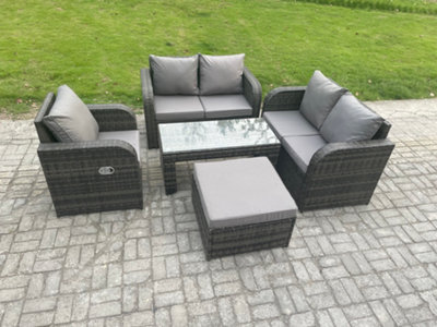 Fimous 5 Pcs Garden Furniture Set Rattan Outdoor Lounge Sofa Table Chair With Tempered Glass Table Mixed Dark/Grey