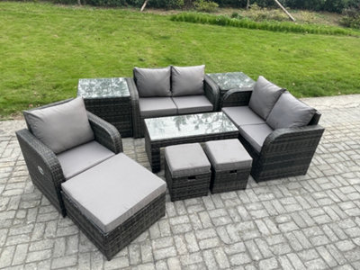 B&Q -  8 Seater Rattan Outdoor Garden Furniture Sofa Set Patio Table & Chairs Set With 2 Side Tables 3 Footstools