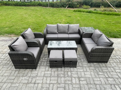 Fimous Rattan Garden Furniture Set Rattan Lounge Sofa Set With Rectangular Coffee Table Side Table 2 Footstools Small