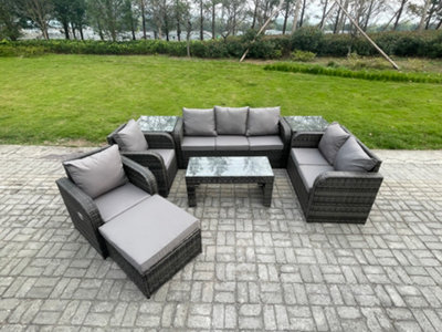 Fimous Rattan Garden Furniture Set Rattan Lounge Sofa Set With Rectangular Coffee Table 2 Side Tables Big Footstool