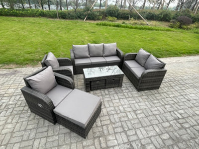Fimous Rattan Garden Furniture Set Rattan Lounge Sofa Set With Rectangular Coffee Table 3 Footstools Mixed Dark/Grey