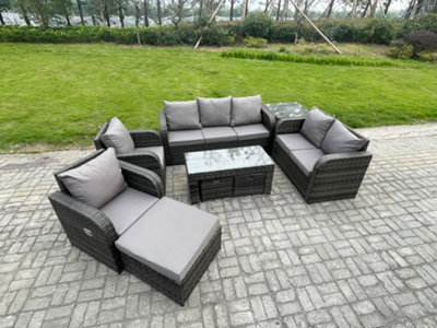 Fimous 10 Seater Rattan Garden Furniture Set Rattan Lounge Sofa Set With Rectangular Coffee Table Side Table 3 Footstools