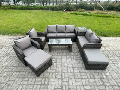 Fimous 9 Seater Rattan Garden Furniture Set Rattan Lounge Sofa Set With Coffee Table Side Table 2 Big Footstool