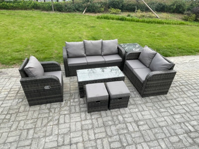 B&Q -  8 Seater High Back Rattan Garden Furniture Set With Coffee Table Side Table Indoor Outdoor Patio Lounge Sofa Set