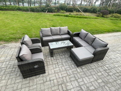 B&Q -  9 Seater High Back Rattan Garden Furniture Set With Reclining Chair Rectangular Coffee Table Big Footstool Indoor Outdoor