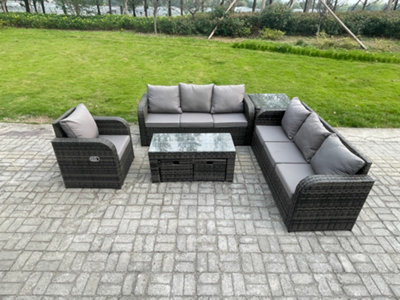 Fimous 9 Seater Outdoor Lounge Sofa Set Rattan Garden Furniture Set With Rectangular Coffee Table Footstools 3 Seater Sofa