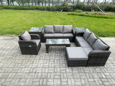 Fimous 8 Seater Outdoor Lounge Sofa Set Rattan Garden Furniture Set With Rectangular Coffee Table Big Footstool 3 Seater Sofa