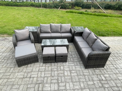 Fimous Outdoor Lounge Sofa Set 10 Seater Rattan Garden Furniture Set With Rectangular Coffee Table 3 Footstools 3 Seater Sofa