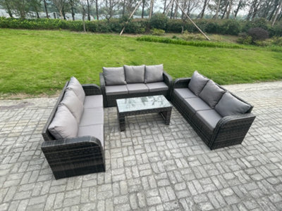 Fimous Outdoor Lounge Sofa Set 9 Seater Rattan Garden Furniture Set With Rectangular Coffee Table 3 Seater Sofa Mixed Dark/Grey