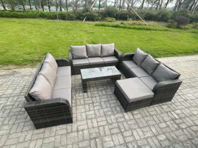 Fimous Outdoor Lounge Sofa Set 10 Seater Rattan Garden Furniture Set With Rectangular Coffee Table Big Footstool 3 Seater Sofa