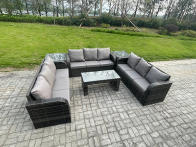 B&Q -  9 Seater Outdoor Lounge Sofa Set Rattan Garden Furniture Set With Rectangular Coffee Table 2 Side Tables 3 Seater Sofa