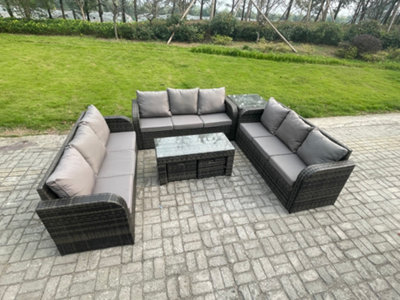 B&Q -  11 Seater Outdoor Lounge Sofa Set Rattan Garden Furniture Set With Rectangular Coffee Table Side Table 2 Small Footstools