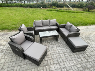Fimous Rattan Wicker Garden Furniture Patio Conservatory Sofa Set With Rectangular Coffee Table Reclining Chair Big Footstool