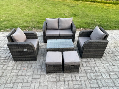 B&Q -  Wicker Pe Rattan Outdoor Furniture Set Garden Love Sofa Coffee Table 2 Armchair 2 Small Footstools Dark Grey Mixed