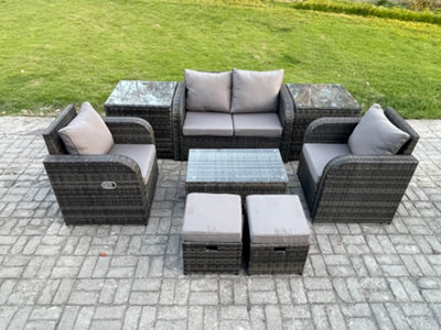 B&Q -  Outdoor Lounge Sofa Set 6 Seater Rattan Garden Furniture Set With Rectangular Coffee Table 2 Small Footstools