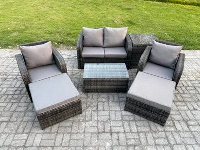 Fimous Outdoor Lounge Sofa Set Rattan Garden Furniture Set With Rectangular Coffee Table 2 Big Footstool Side Table