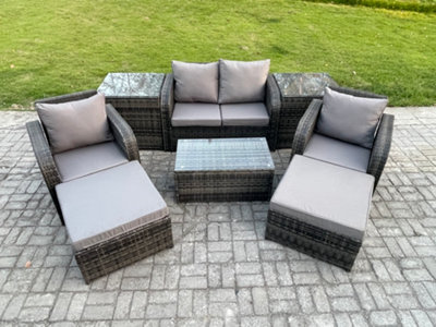 B&Q -  6 Seater Outdoor Lounge Sofa Set Rattan Garden Furniture Set With Rectangular Coffee Table 2 Big Footstool
