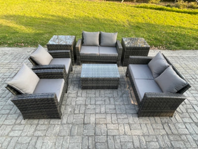 B&Q -  Garden Furniture Sets 7 Pieces Outdoor Rattan Furniture Manual Wicker Patio Sofa Chair Set With Coffee Table 2 Side Tables