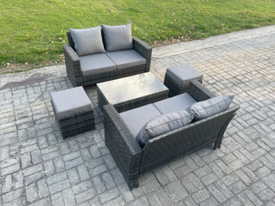 B&Q -  Wicker Rattan Garden Furniture Sofa Set With Coffee Table Double Seat Sofa 2 Small Footstool 6 Seater Outdoor Rattan Set