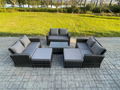 B&Q -  Rattan Garden Furniture Set 8 Seater Patio Outdoor Lounge Sofa Set With Rectangular Coffee Table 2 Big Footstool